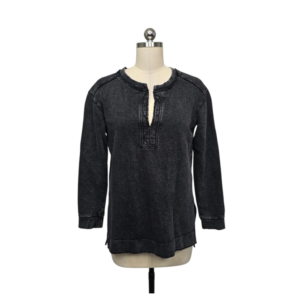 Pilcro Anthropologie Black Acid Wash Cotton Henley Long‎ Sleeve Top Size XS